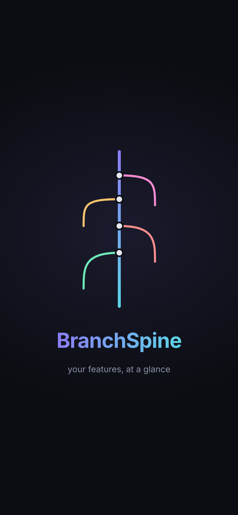 BranchSpine intro animation: a glowing trunk with coloured branches curving into it
