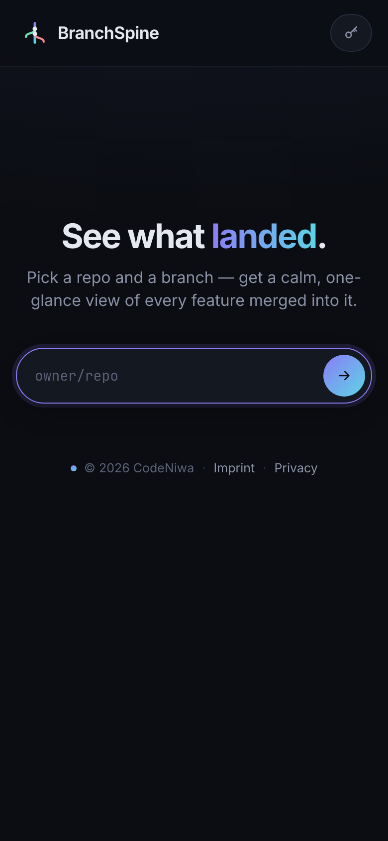 BranchSpine home screen with a field for a GitHub repository