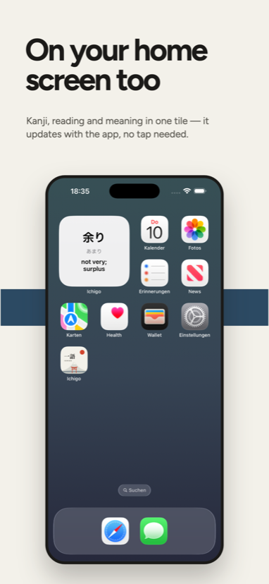 Ichigo home screen widget showing kanji, reading and meaning