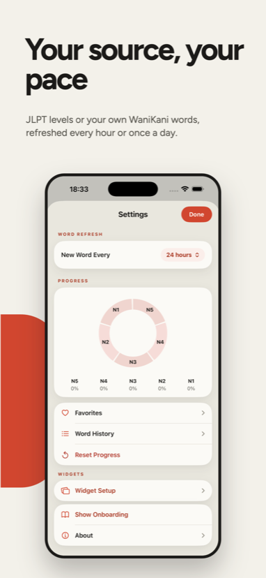Ichigo settings showing word source, refresh interval and progress