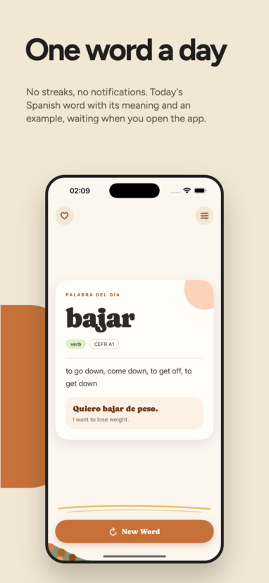 Today's Spanish word on the La Palabra home screen, with its meaning and an example