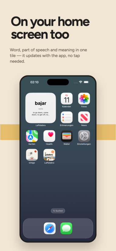La Palabra home screen widget showing the word, its part of speech and meaning