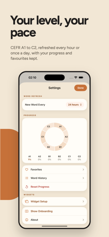 La Palabra settings showing refresh interval, CEFR progress ring and favourites